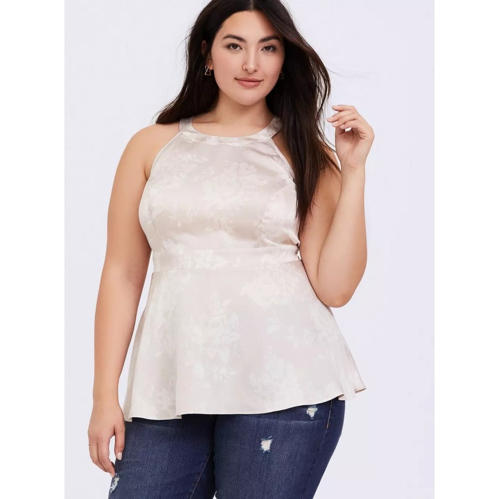 Torrid Rose Floral Stretch Satin Halter Peplum Top 2X Neutral Office Career